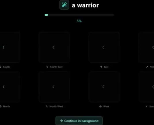 PixelLab에서 "a warrior" 프롬프트로 8방향 캐릭터 생성 중