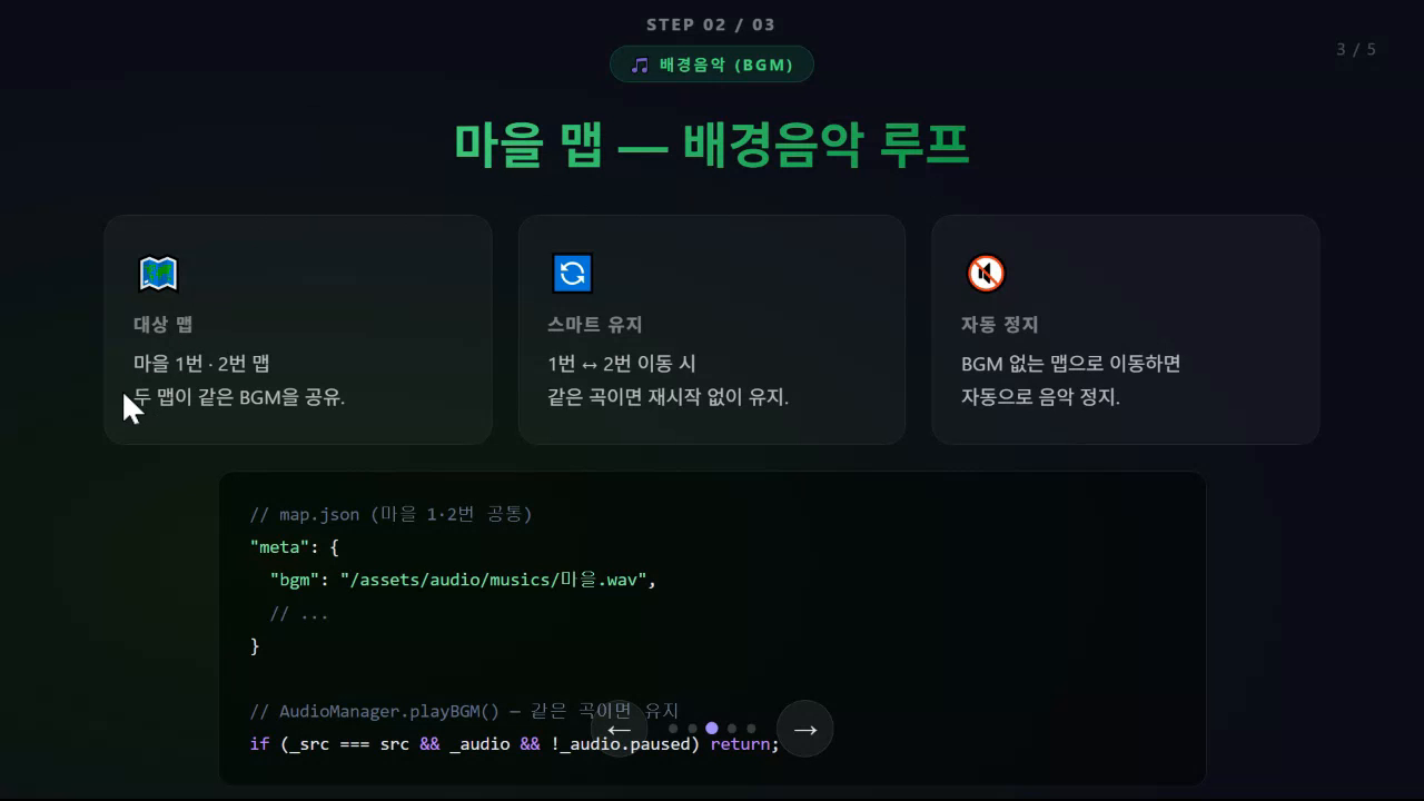 마을 맵 배경음악 루프 — 1·2번 맵 공유, 같은 곡이면 재시작 없이 유지, BGM 없는 맵에서 자동 정지