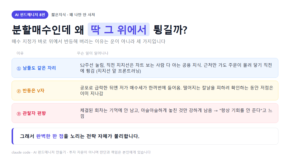 분할매수인데 왜 딱 그 위에서 튕길까 — 지지선 앞 프론트러닝, V자 반등, 관찰자 편향