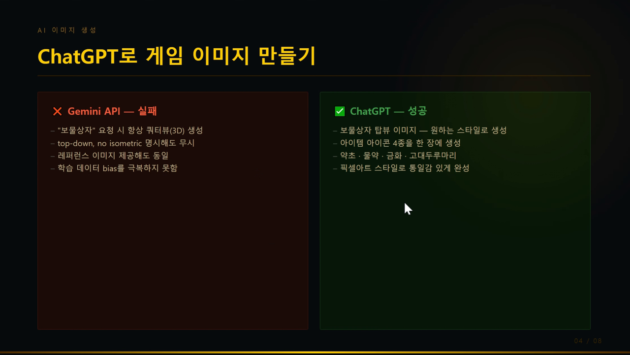 Gemini API는 실패, ChatGPT는 성공 — 탑뷰 보물상자와 아이템 아이콘 생성 비교