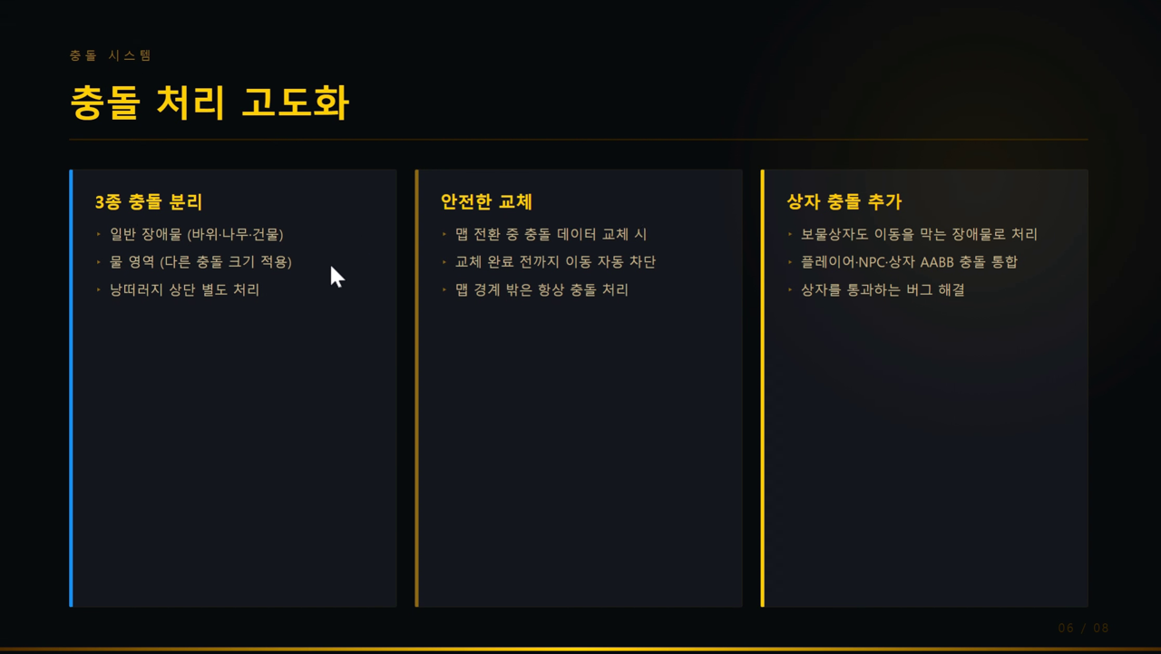 충돌 처리 고도화 — 3종 충돌 분리, 맵 전환 중 안전한 교체, 보물상자 AABB 충돌 추가