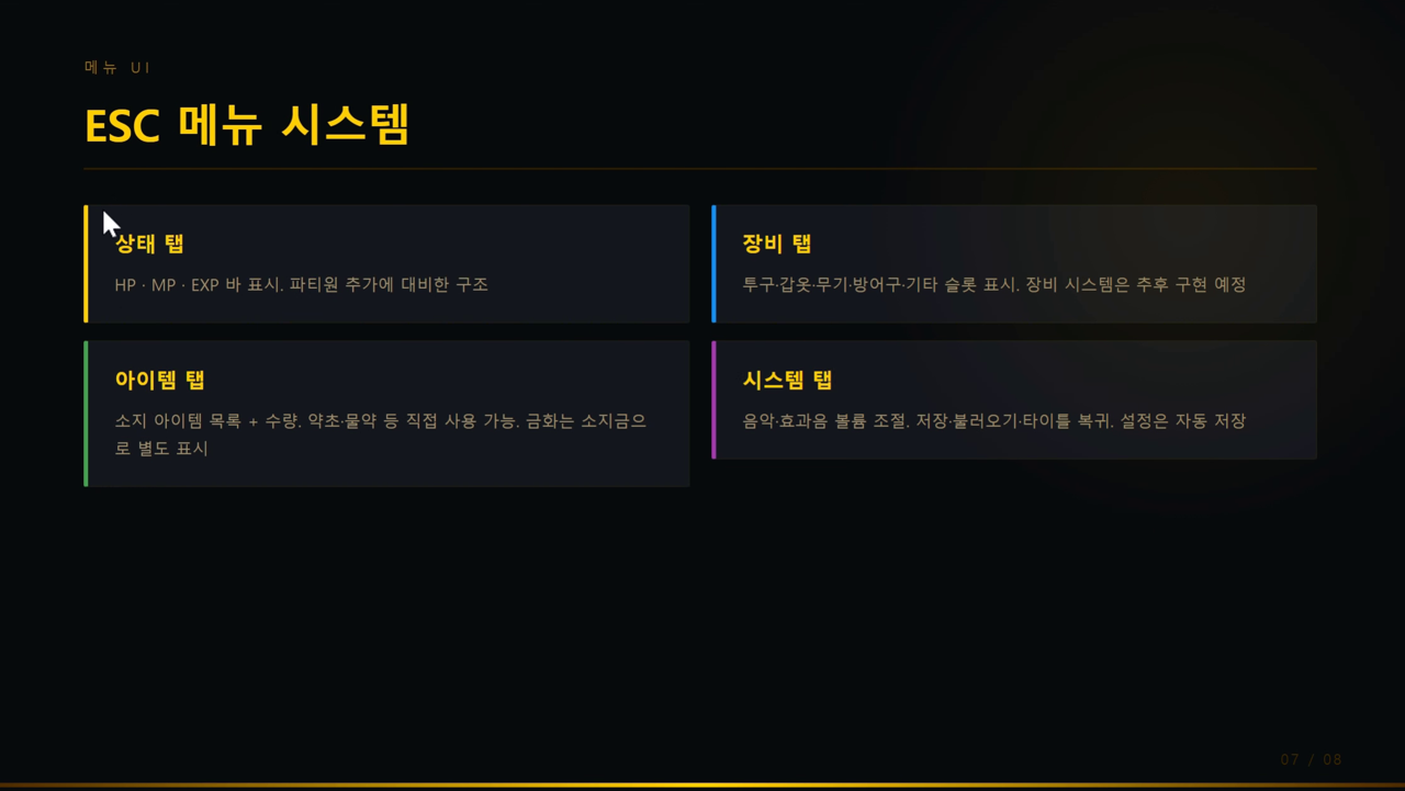 ESC 메뉴 시스템 — 상태 탭, 아이템 탭, 장비 탭, 시스템 탭