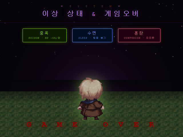 이상 상태 & 게임오버 — 중독(HP -5%/턴), 수면(행동 불가), 혼란(오조준)