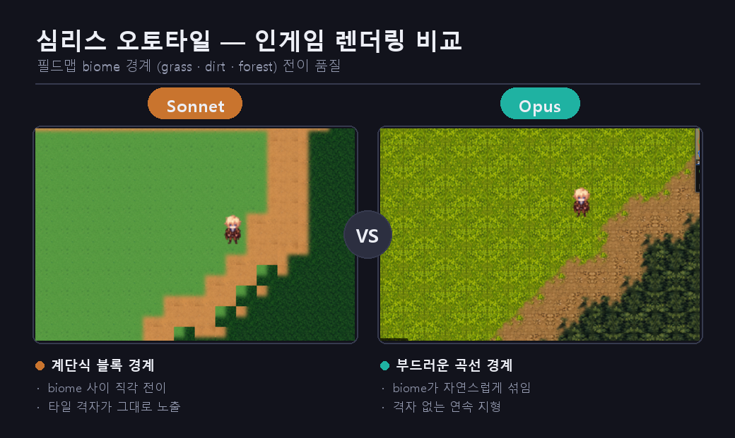 게임 안에서 본 차이 — Sonnet 타일은 계단식 블록 경계, Opus 타일은 부드러운 곡선 경계